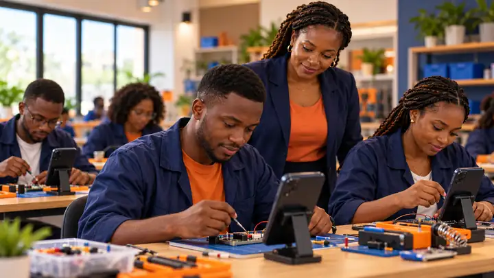 Une formatrice accompagne des apprenants pendant un TP