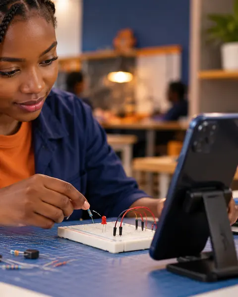 Une apprenante, son téléphone posé sur un support au-dessus de la table