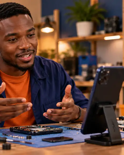 Une apprenante parle à son téléphone posé sur la table
