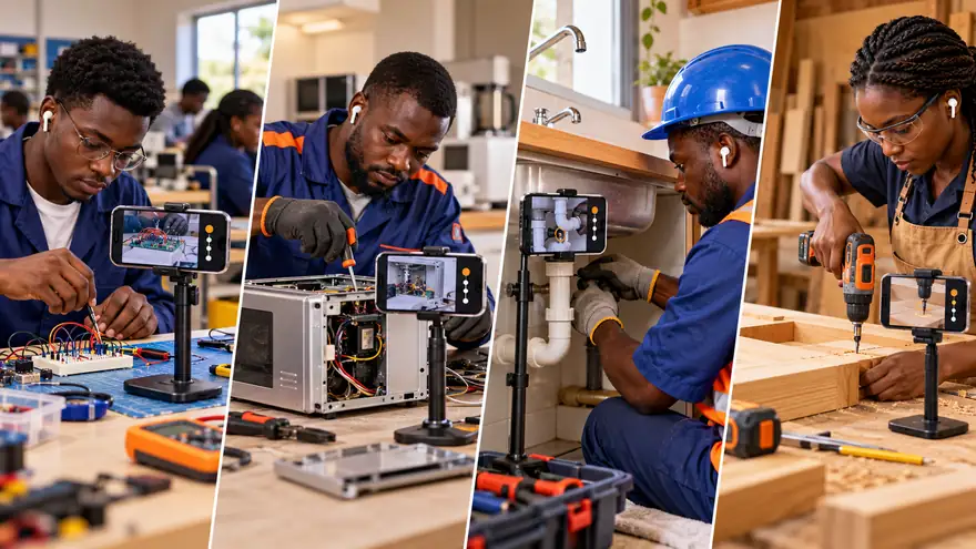 Quatre ateliers : électronique, réparation d’un micro-ondes, plomberie et menuiserie ; dans chacun, un téléphone sur un support filme les mains au travail