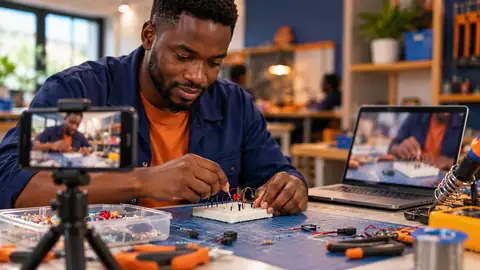 Un ordinateur et un téléphone qui filme la table