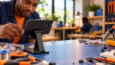 Un téléphone sur un support, au-dessus d’un établi