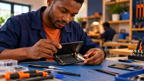 Un téléphone ouvert sur un tapis de réparation